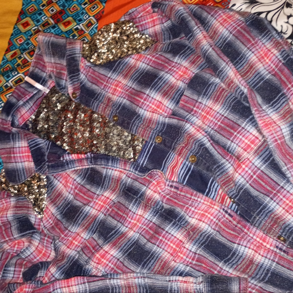 Free People Flannel Shirt Bling Long Sleeve Bling M Retro Plaid